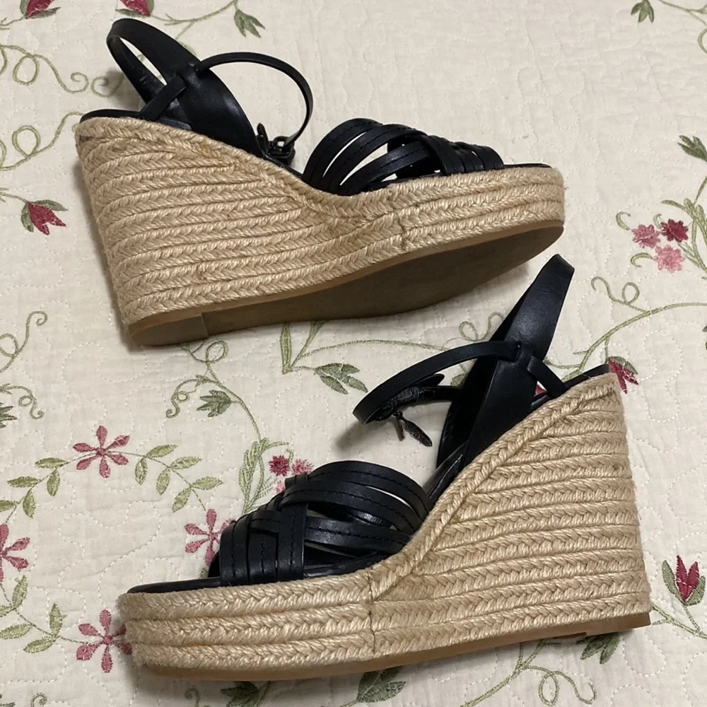 Coach Dottie Black Wedge Espadrille Charms Semi Matte Calf Sz 8 Summer Coquette